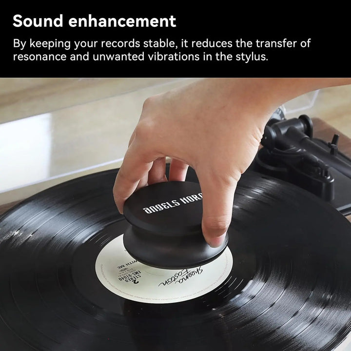 Angels Horn  HiFi Vinyl Record Weight Stabilizer High Mass 303 gram Aluminum LP Disc Turntable Accessory with Oxide plating layer and  Protective Leather Pad for Vibration Damping Angels Horn
